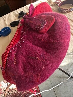 Women's Red Felt Shoulder Bag with Bead Embellishment